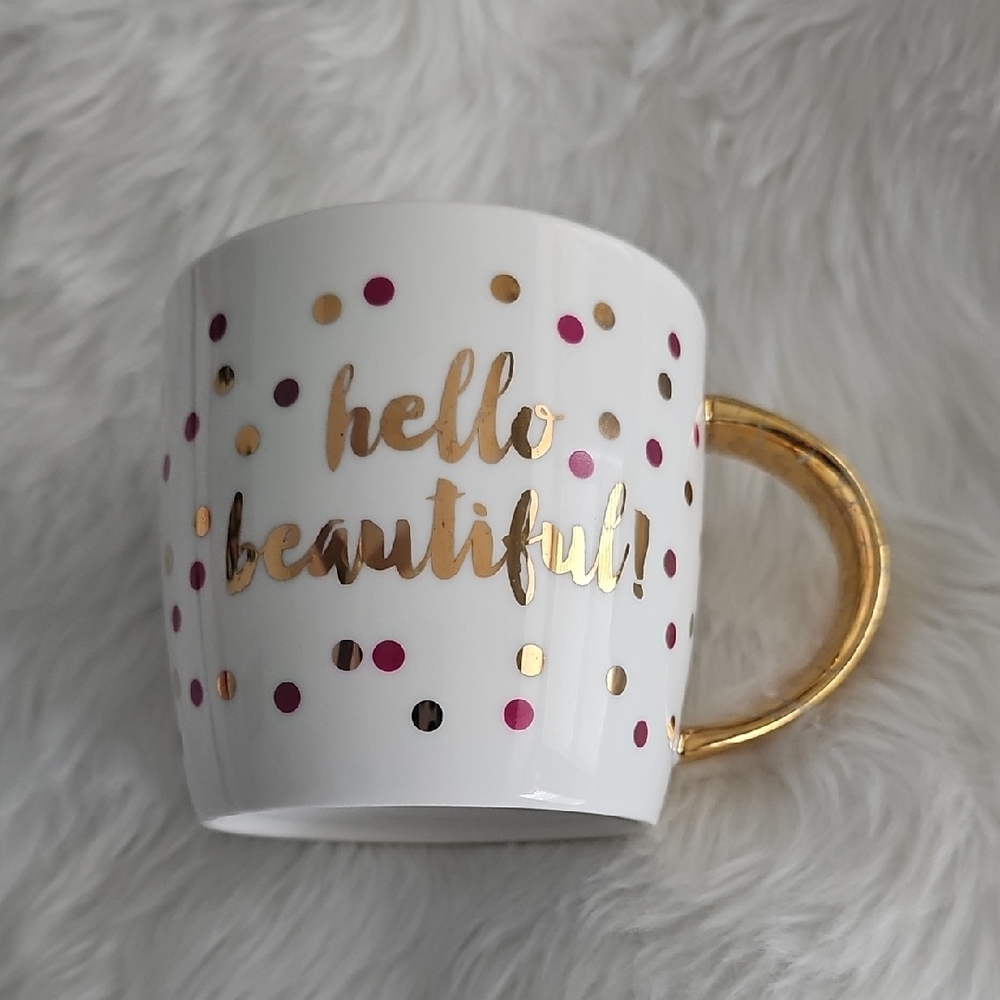 Slant Hello Beautiful Gold and Pink Polka Dot Mug